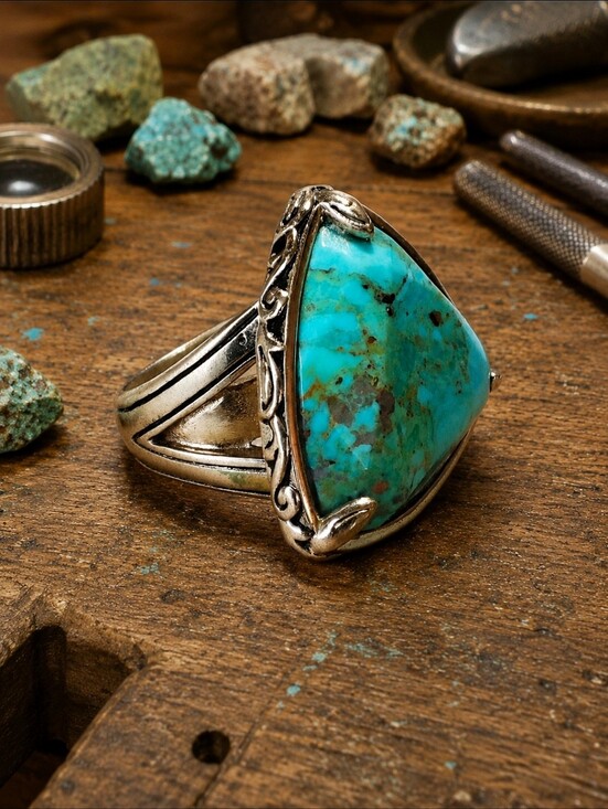 Studio Barse Jewelry - BARSE Triangle Gemstone Turquoise? Ornate Heavy Oversized Ring Brass Size 8